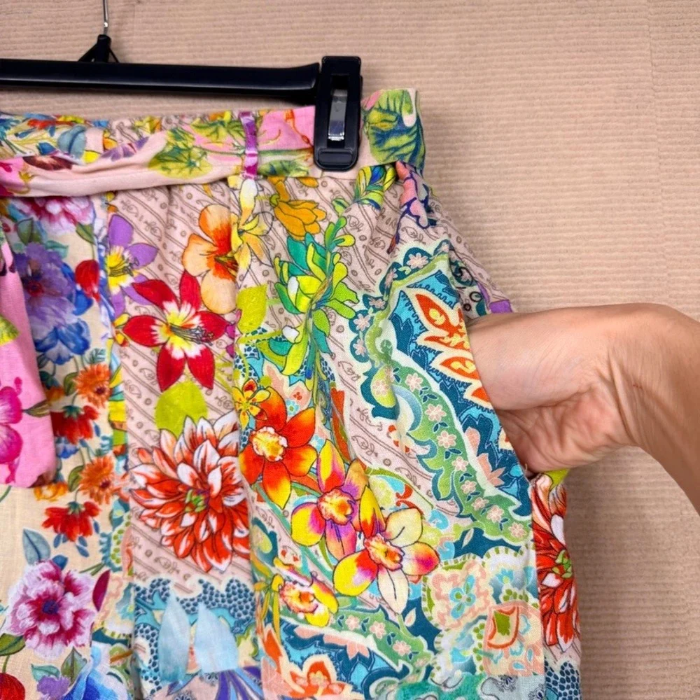 Johnny Was Workshop Floral Patchwork High Rise Belted Shorts Multi Color Boho L